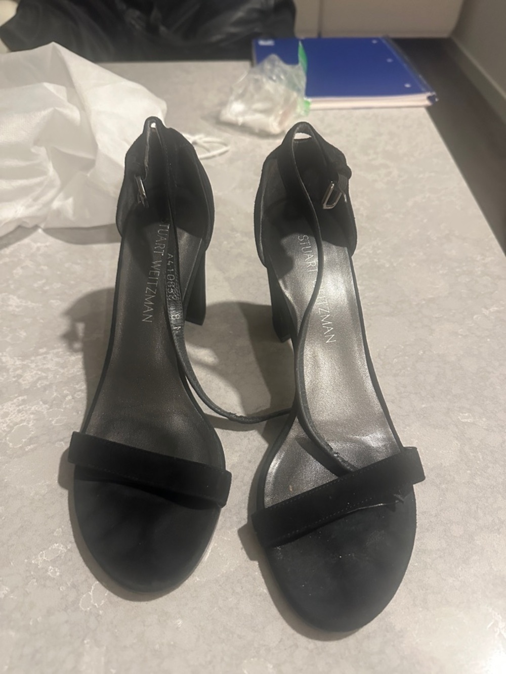 Stuart Weitzman Black Suede Single-Band Ankle-Strap Heels